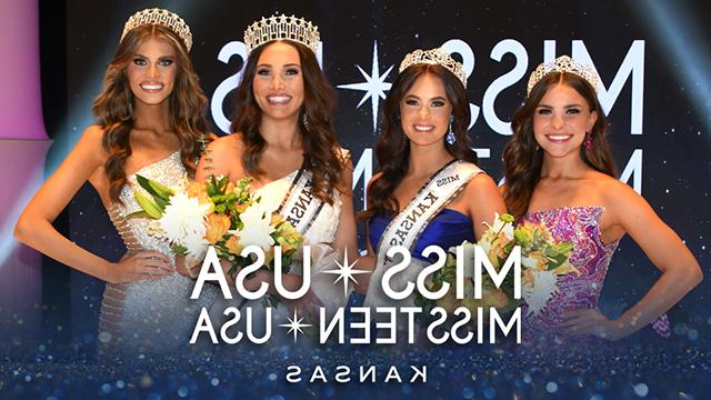 four women wearing crowns smile at the camera with the words Miss USA and Miss Teen USA Kansas